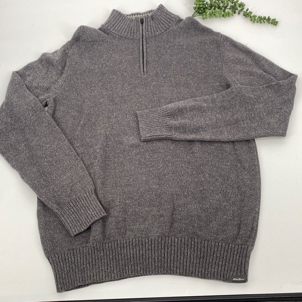 Eddie Bauer 1/4 Zip Pullover Marled Cotton Sweater‎ Grey Tall Large